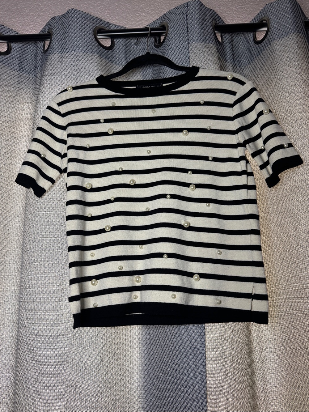 Zara Black & White Striped Pearl Sweater Top